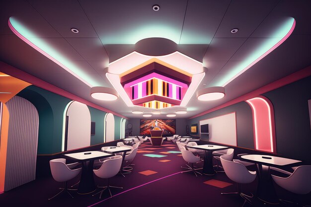Modern and sleek casino interior with clean lines vivacious colors and dynamic lighting
