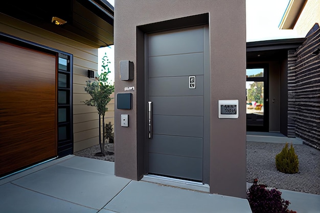 Modern sleek entrance with electronic touchpad lock and security camera created with generative ai
