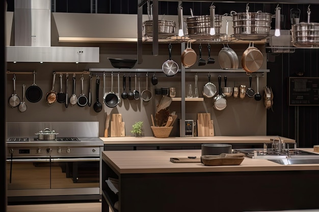 Modern and sleek kitchen with hanging pots pans and baking supplies created with generative ai