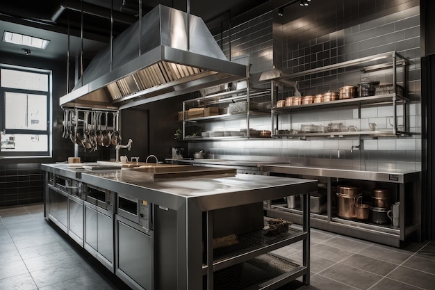 제너레이티브 AI로 만든 고급 레스토랑을 위한 인더스트리얼 감각의 현대적인 세련된 주방