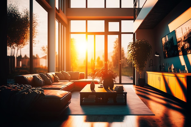 A modern sleek living room with natural light streaming in through large windows during golden hour