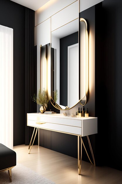 Modern sleek minimal wooden dressing table black steel leg vanity mirror lamp and bouquet in va