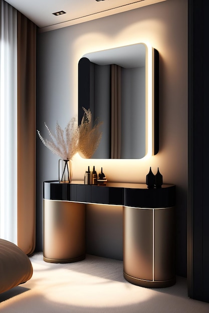 Modern sleek minimal wooden dressing table black steel leg vanity mirror lamp and bouquet in va