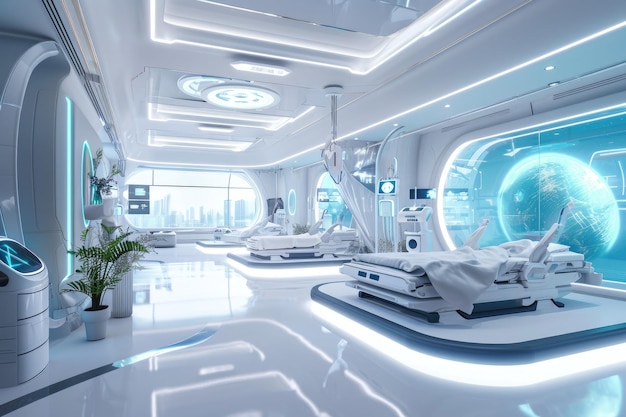 A modern sleek room featuring a futuristic design with a comfortable bed and a large TV on the wall Expansive view of a futuristic hospital with autonomous tech AI Generated