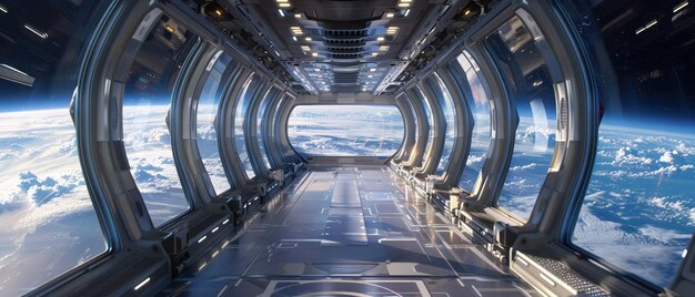 Photo a modern and sleek space station corridor with panoramic windows overlooking earth from orbit
