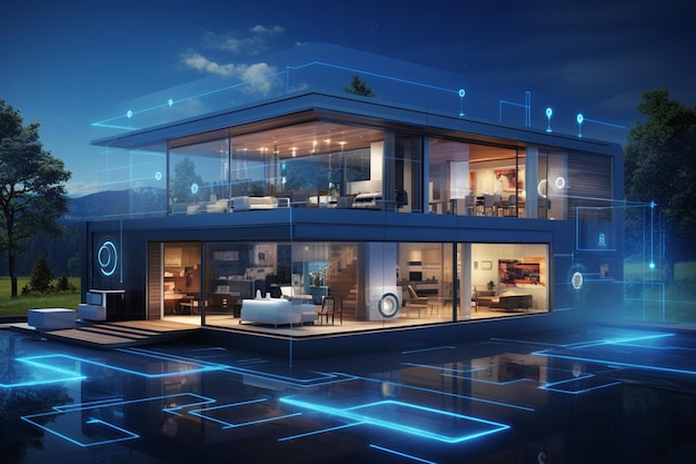 Modern slim digitaal huis met nachtlandschap