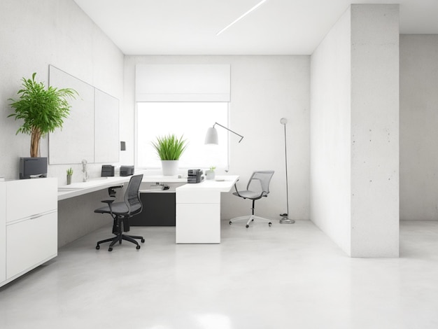 Modern small office interior with white walls and concrete floors Generative AI