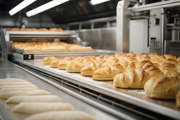 Modern smart bakery using an automatic dough robot to make puff pastry for French croissants