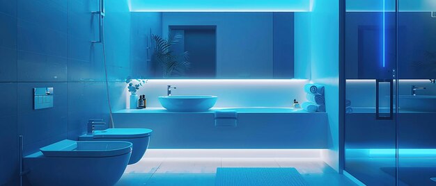 A modern smart bathroom with glowing blue interface panels and sleek