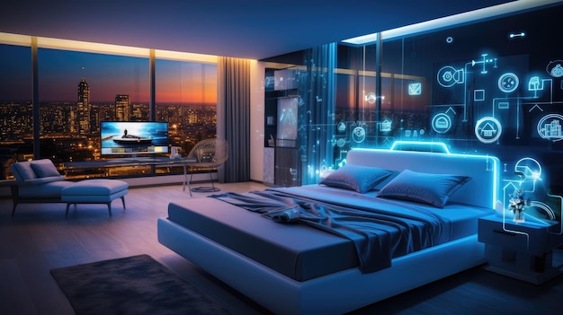 Photo modern smart bedroom interior with technology maintaining connections