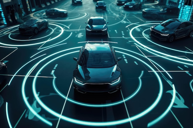 헤드업 디스플레이 HUD를 사용하는 최신 스마트 자동차 기술 지능형 시스템 그래픽 센서 레이더 신호 시스템 지능형 자동차가 Ai를 생성하는 도시 도로의 자율 주행 모드 차량