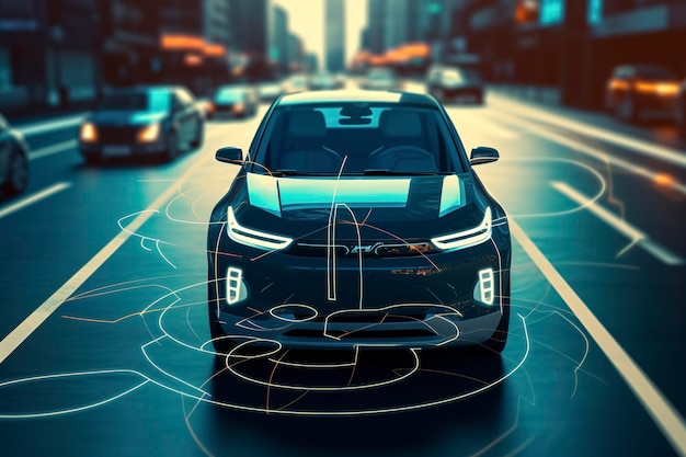 헤드업 디스플레이 HUD를 사용하는 최신 스마트 자동차 기술 지능형 시스템 그래픽 센서 레이더 신호 시스템 지능형 자동차가 Ai를 생성하는 도시 도로의 자율 주행 모드 차량