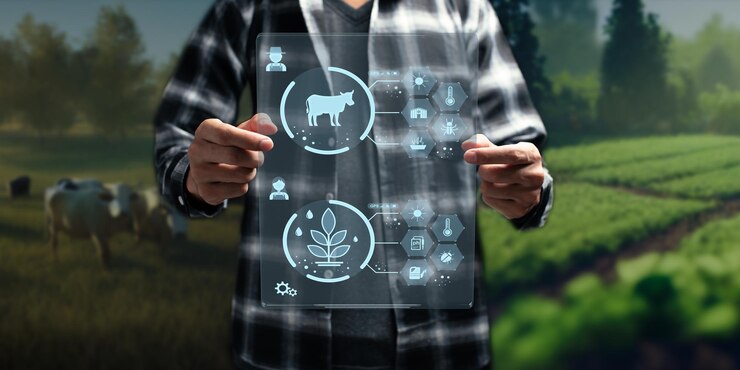 फोटो modern smart farm controlled by technology farmers is monitoring the growth of trees in the plots