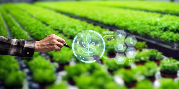 Photo modern smart farm controlled by technology farmers is monitoring the growth of trees in the plots