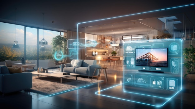 Modern Smart living room Ecosystem interior with technology maintaining connections