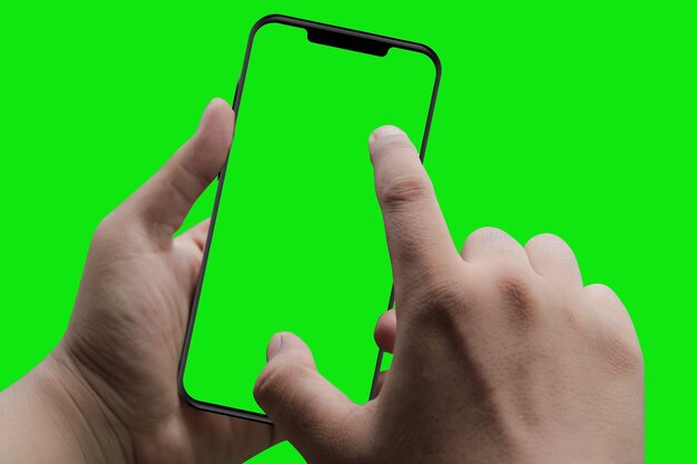 Modern smart phone in hand. Green screen and background