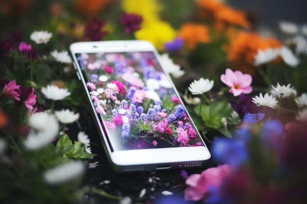 Photo modern smartphone in flowers