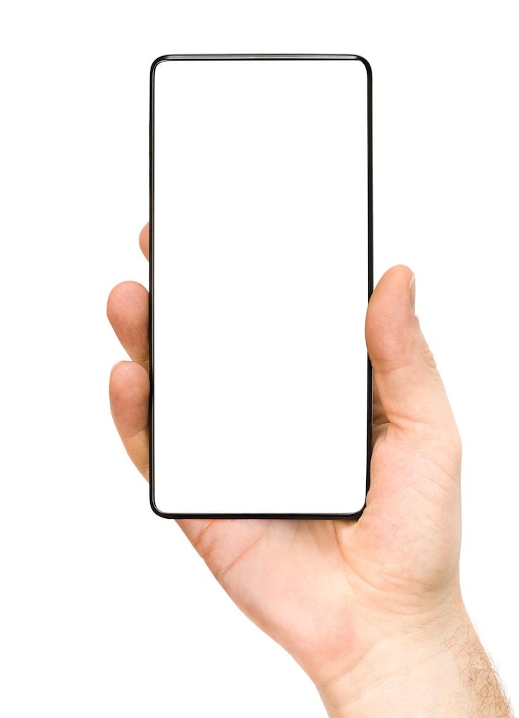 Photo modern smartphone in male hand on isolated white background