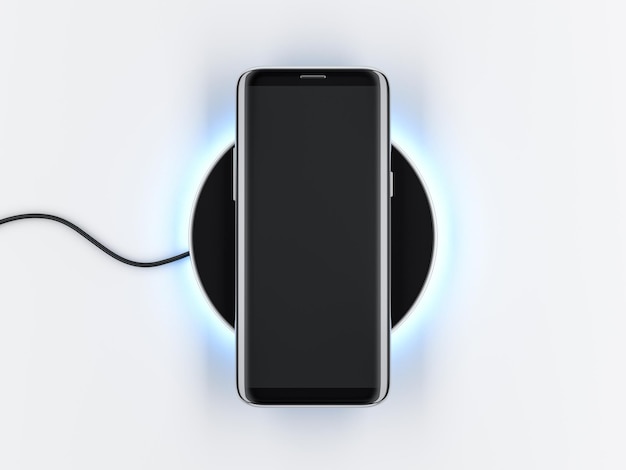 Photo modern smartphone mockup with frameless screen on the wireless charging device 3d rendering