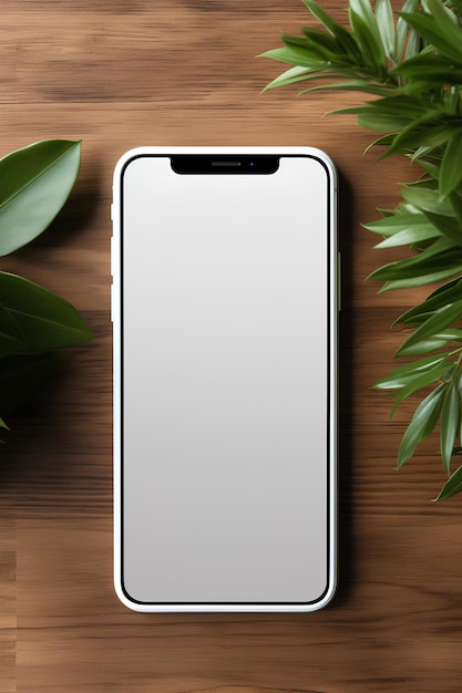 木製のテーブル上のデザインモックアップのための中立背景の現代的なスマートフォン