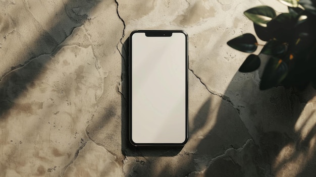 空白な白い画面の近代的なスマートフォンが割れたコンクリートの表面に横たわっています太陽の光は近くの植物から影を投げかけます