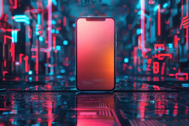 Foto smartphone moderno con schermo vuoto su sfondo futuristico digitale