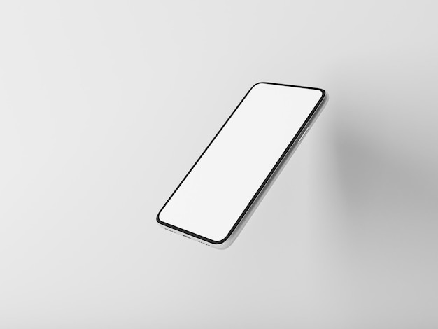 Modern smartphonemodel met wit scherm dat in de buurt van witte muur vliegt, 3D-rendering