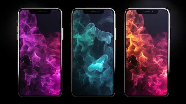 Modern smartphones with colorful smoke on a black background