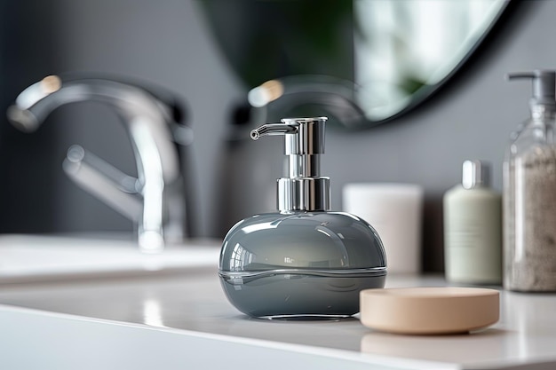 Modern soap dispenser on a white bathroom counter created with Generative AI technology