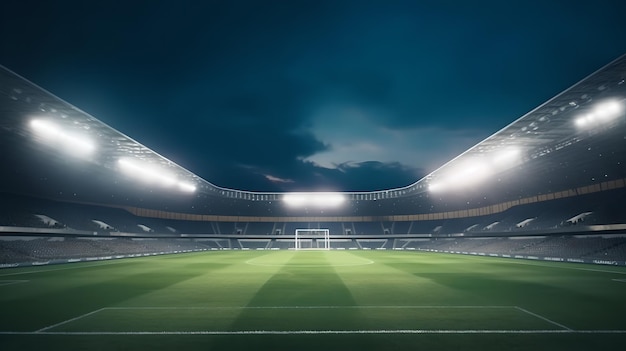 Modern soccer football stadium with floodlights cinematic background Generative Ai