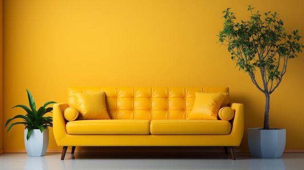 Modern sofa on color wall background