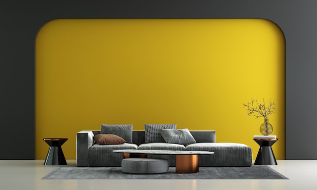 Decorazione moderna del divano e interno del soggiorno e sfondo giallo vuoto del modello della parete