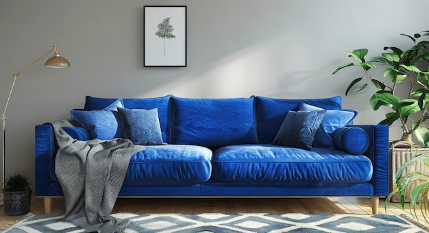 毛布付きリビングルームのブルーソファのモダンなソファインテリアデザイン