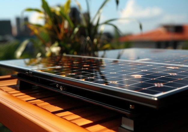 Modern solar panel on th roof with plants at morning Solar panel on red roof reflecting sun and cloudless blue sky Ai generative