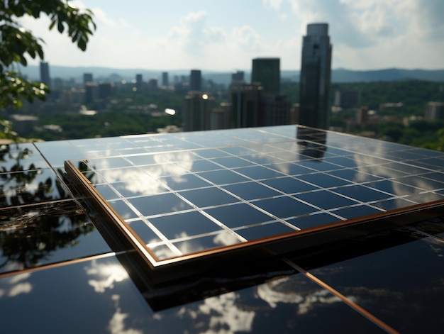 Modern solar panel on th roof with plants at morning Solar panel on red roof reflecting sun and cloudless blue sky Ai generative