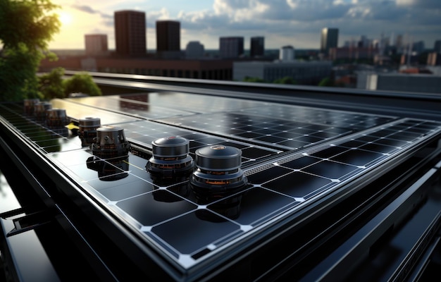 Modern solar panel on th roof with plants at morning Solar panel on red roof reflecting sun and cloudless blue sky