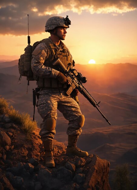 Modern soldier on top of a mountain in the sunset