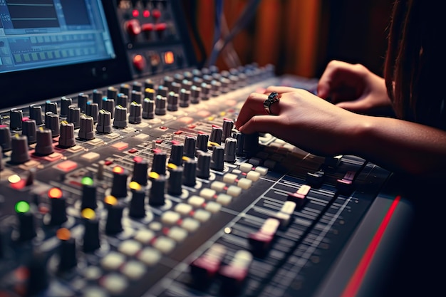 Modern Sound Mixing Female Audio Engineer Mixing Music on Sound Mixer in Recording Studio