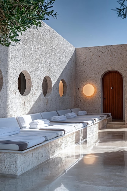 modern spa interior with circular windows and comfortable loungers in serene setting
