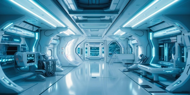 Modern space station interior scene futurist architecture