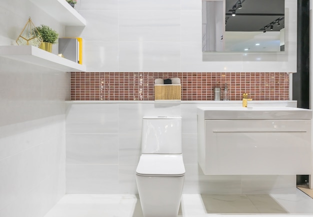 Modern spacious bathroom with bright tiles with toilet and sink.