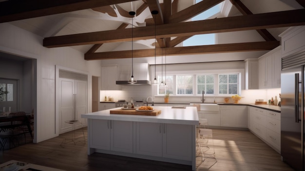 Modern spacious country house kitchen white fronts and countertops wooden floors and ceiling beams k