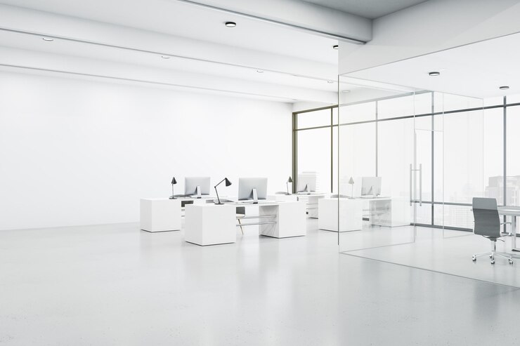 Photo modern spacious coworking office hall with white furniture glossy concrete floor and glass wall meeting room