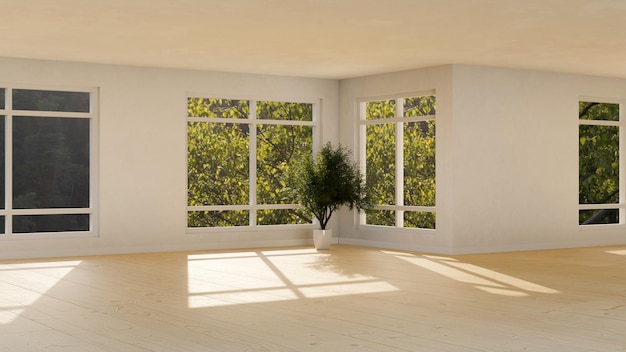 Moderno e spazioso soggiorno vuoto interior design con pavimento in legno e finestre in parete bianca