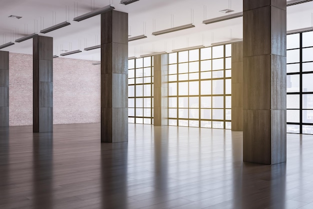 Modern spacious empty office interior with shiny wooden flooring and window with city view and daylight 3D Rendering