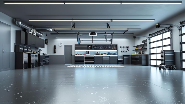 Foto un garage moderno e spazioso con armadietti neri elettrodomestici in acciaio inossidabile e un grande banco da lavoro
