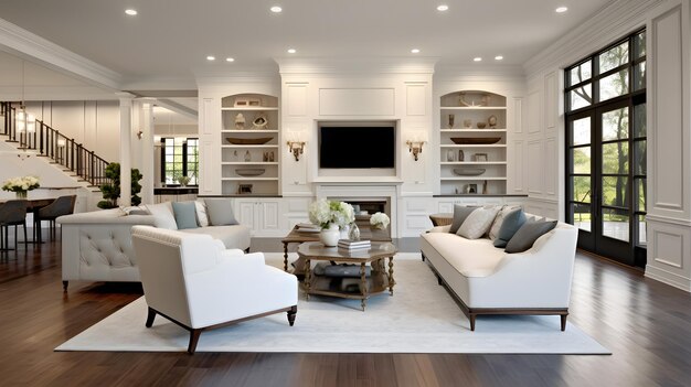 Modern and Spacious Living Room with White Furniture and Large Flat Screen T