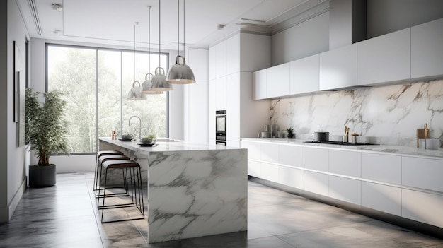 A modern spacious white kitchen