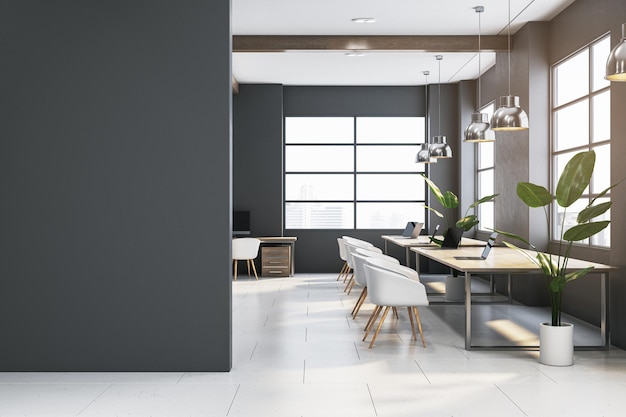 Modern spacious wooden and concrete coworking office interior with empty mock up place on wall panoramic windows and city view dark walls Workplace concept 3D Rendering