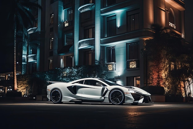 Modern sportcar parking near luxury hotel at night Generative AI